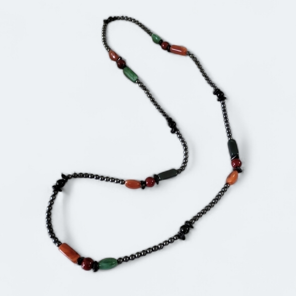 Long beaded necklace gunmetal gray black green red beads